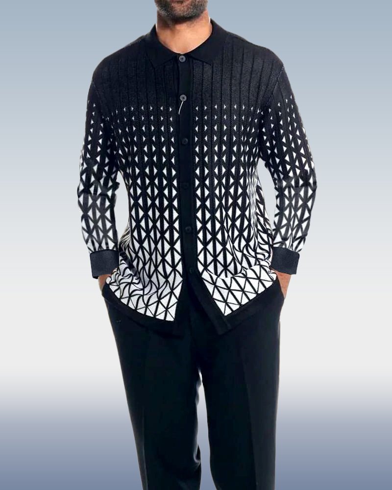 Black Criss Cross Pattern Walking Suit Long Sleeve Set
