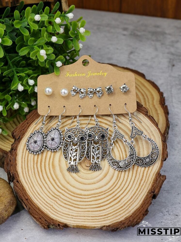 6pairs Bow & Owl Decor Earrings
