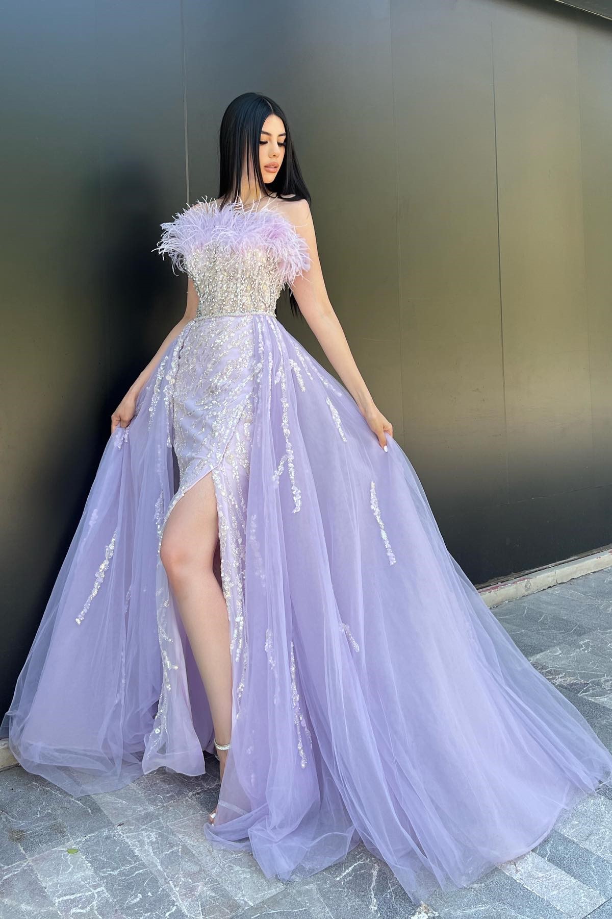 Oknass Strapless Sleeveless Train Long Beaded Split Prom Dress With Feathers