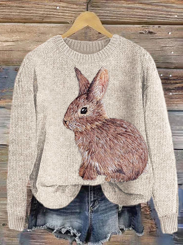Embroidered Bunny Casual Cozy knit Sweater wearshes