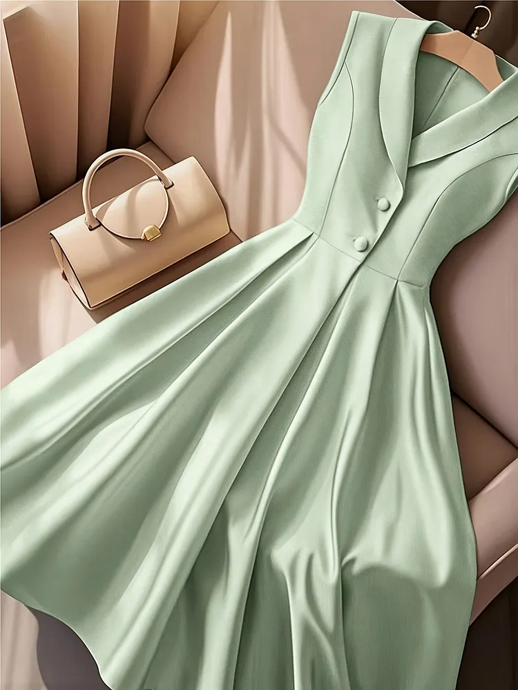 Women's Mint Green Lapel Sleeveless Elegant Slim Dress, Suitable For Spring, Summer And Autumn Commuting, Party, Work, Leisure, Vacation Wear Elegant Women's Clothing