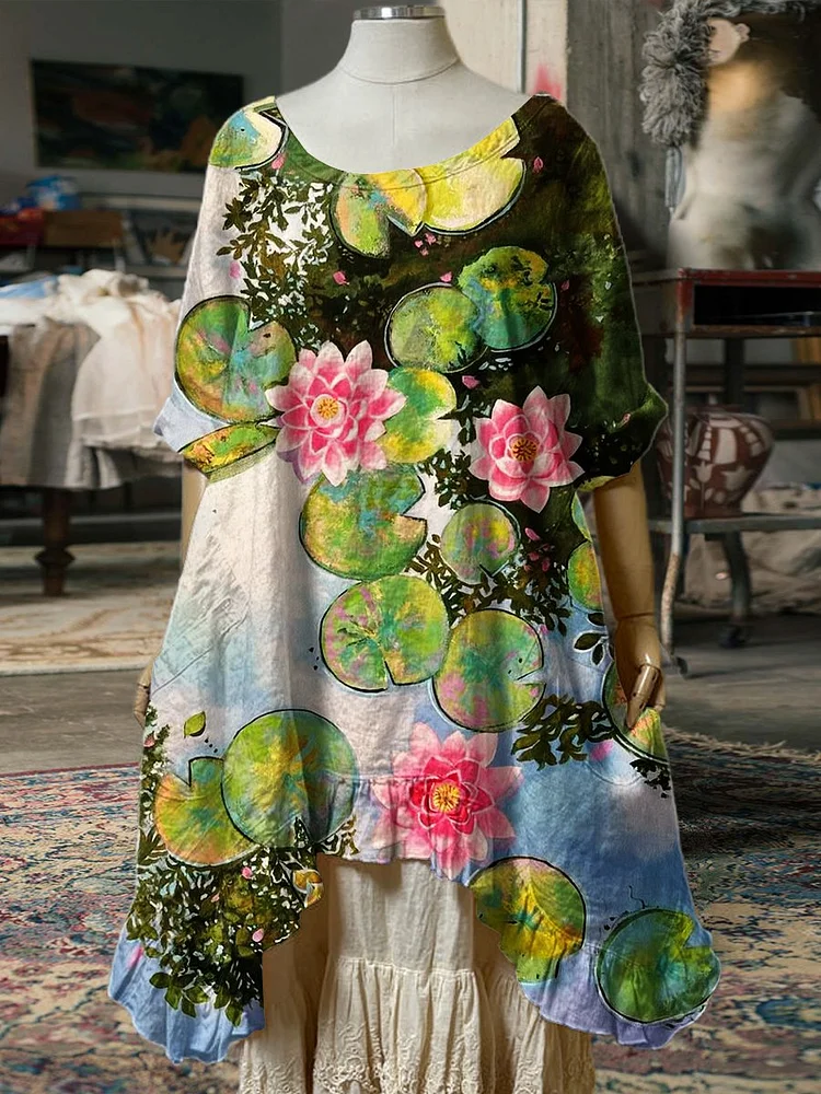 Women's Fresh Lotus Art Print Pocket Cotton Dress