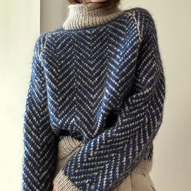Casual Retro Herringbone Turtleneck Sweater