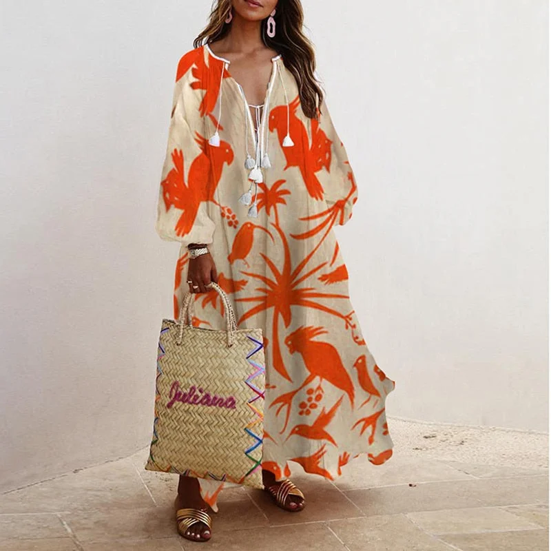 Women Vintage V Neck Tassel Party Long Dress Casual Floral Print Female Dresses Loose Three Quarter Puff Sleeve Dresses Vestidos