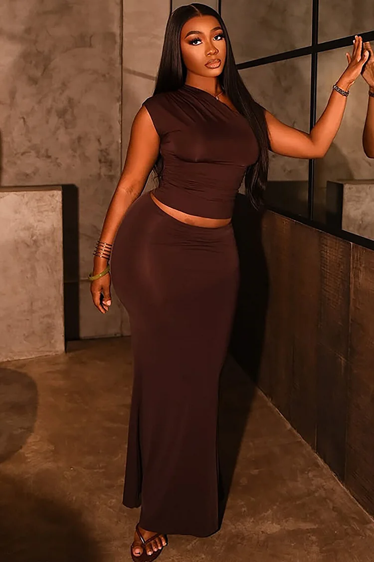 Plain Sleeveless Ruched Crop Top Bodycon Fishtail Maxi Skirt 2pcs Set-Brown