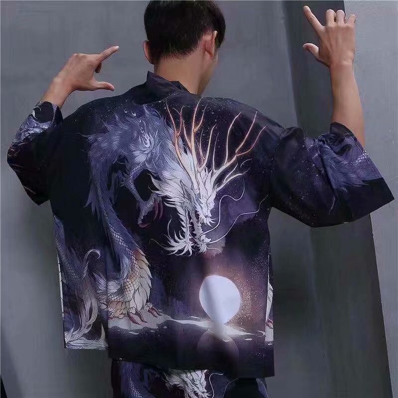 Japanese Style personality shirt men's five-point sleeve trend Korean version of the road robe loose ins super hot short-sleeved kimono handsome Techwear Shop