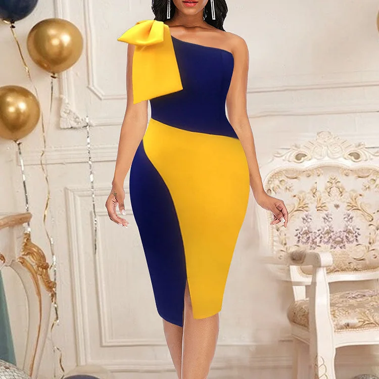 Colorblock One Shoulder Bowknot Decoration Bodycon Dress - IRBOOM Fashion Clothing