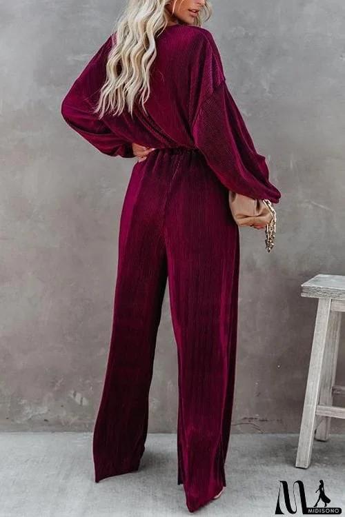 MidiSono - Pleated Crop Blouse Wide Leg Pants Set