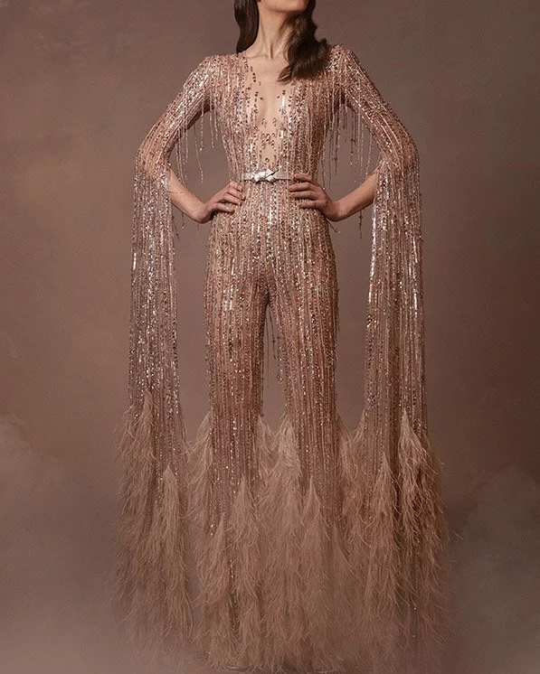 Fringe Sequin Long Sleeve Jumpsuit