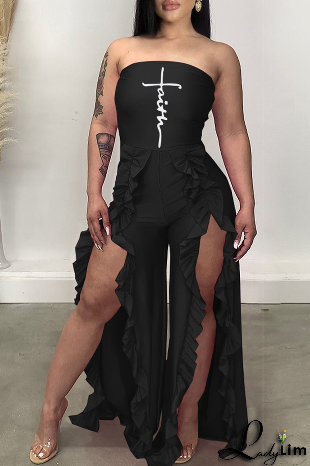 Tangerine Red Sexy Print Flounce Strapless Boot Cut Jumpsuits