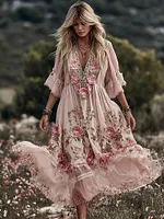Women's Vintage Floral Art Linen Blend Casual Long Sleeve Maxi Dress