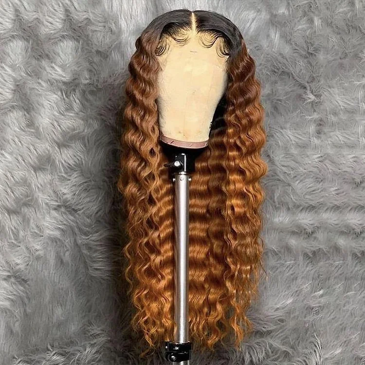 Dark Roots Ombre Honey Brown Deep Wave Lace Frontal Wig