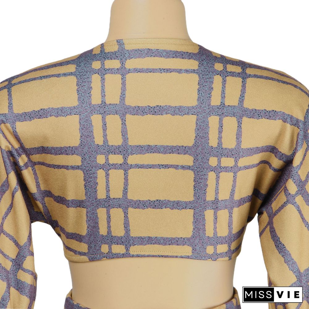 Plaid Long Sleeve Crop Top Bodycon Maxi Skirt Set