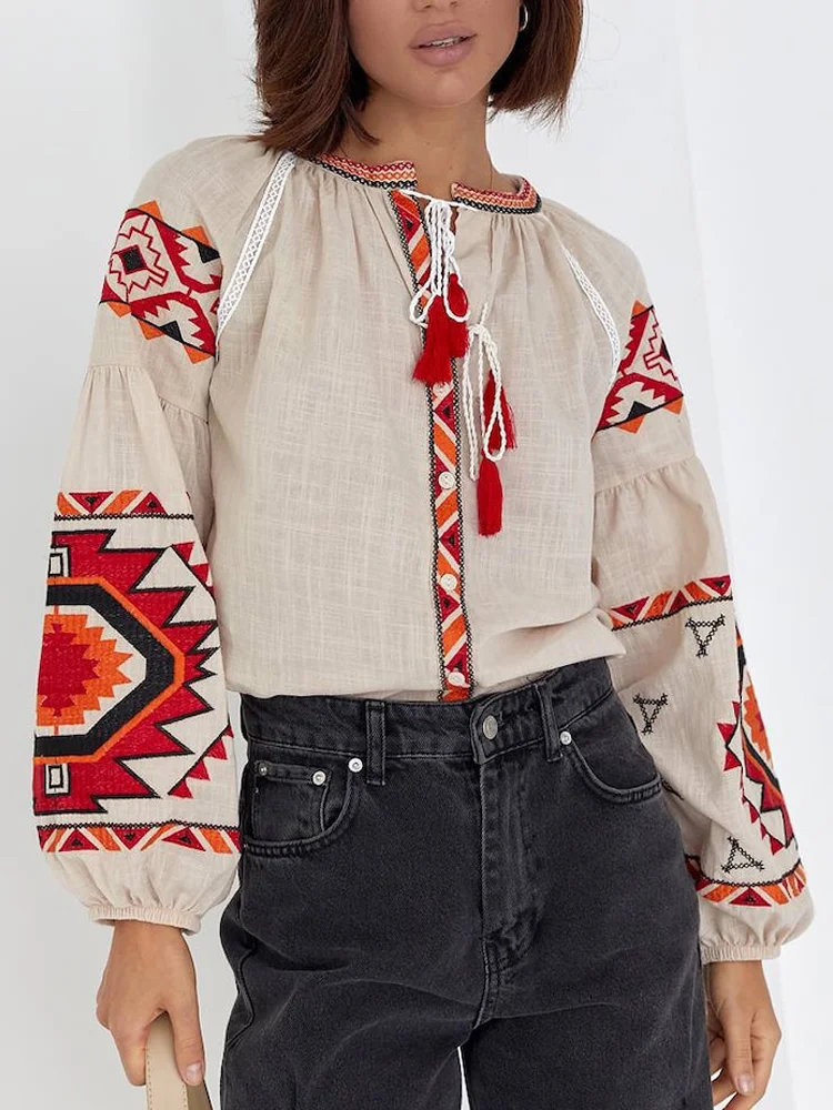 Utbros Red And Beige Ukraine Vyshyvanka Embroidered Women's Linen Blouse