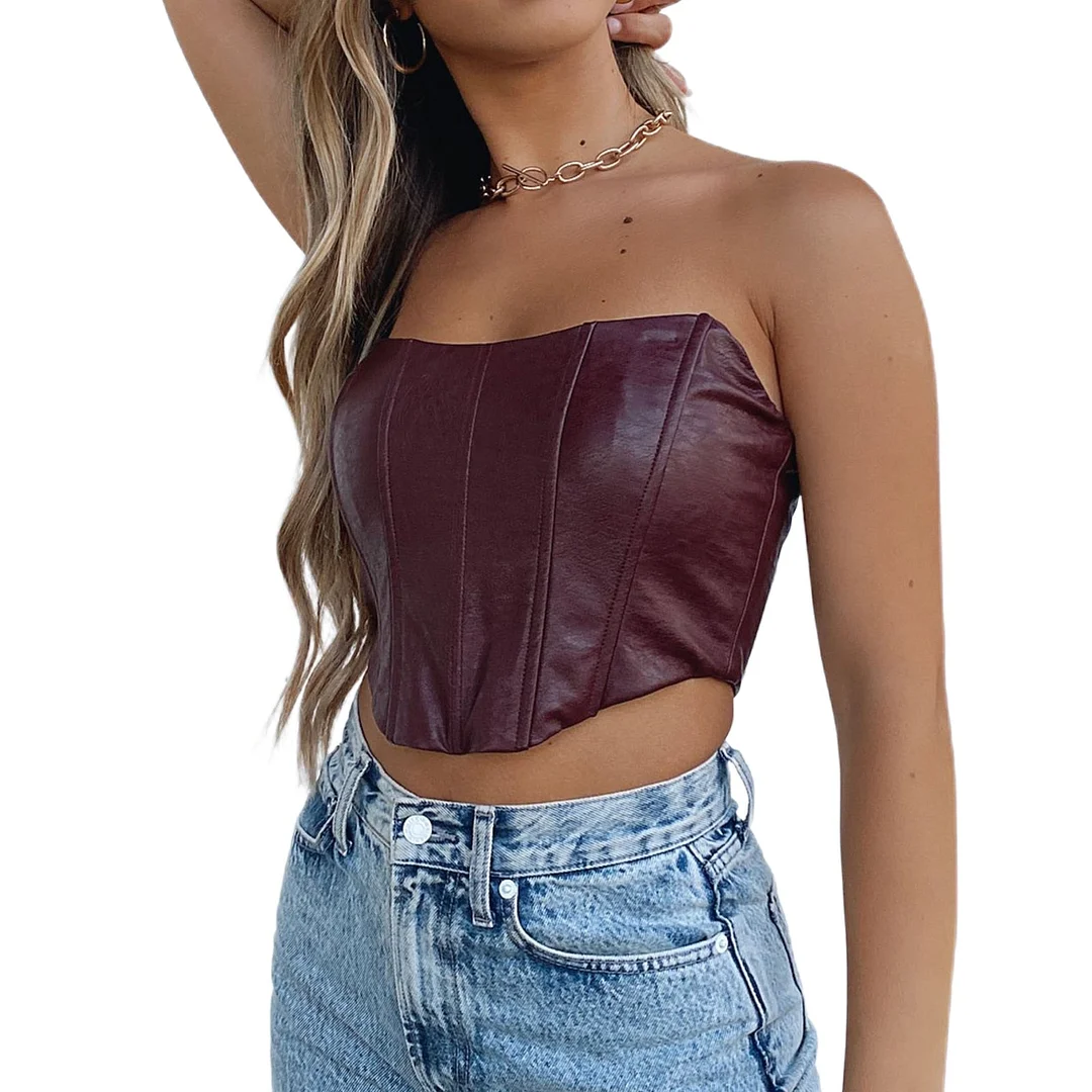 Women's Solid Color Tube Tops Off Shoulder PU Leather Corset Tops Sexy Summer Low Cut Bustier Crop Tops Irregular Hem Tanks