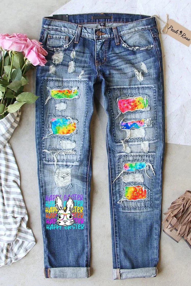Happy Easter Rainbow Bunny With Glasses Print Ripped Denim Jeans