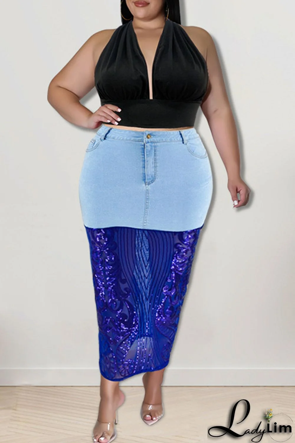 Deep Blue Sexy Solid Embroidered Sequins Patchwork High Waist Denim Skirts