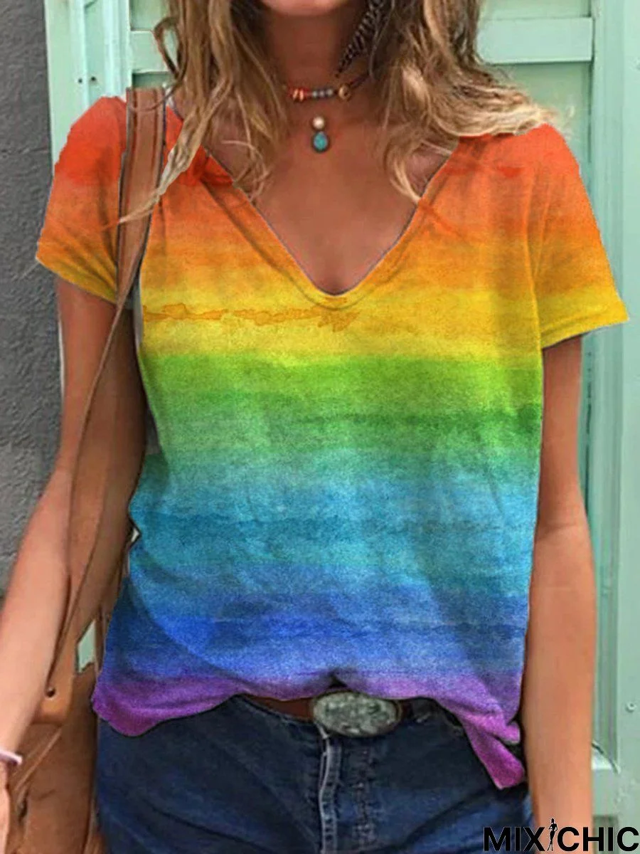 Women Casual Cotton-Blend Rainbow Color-block V Neck T-Shirt