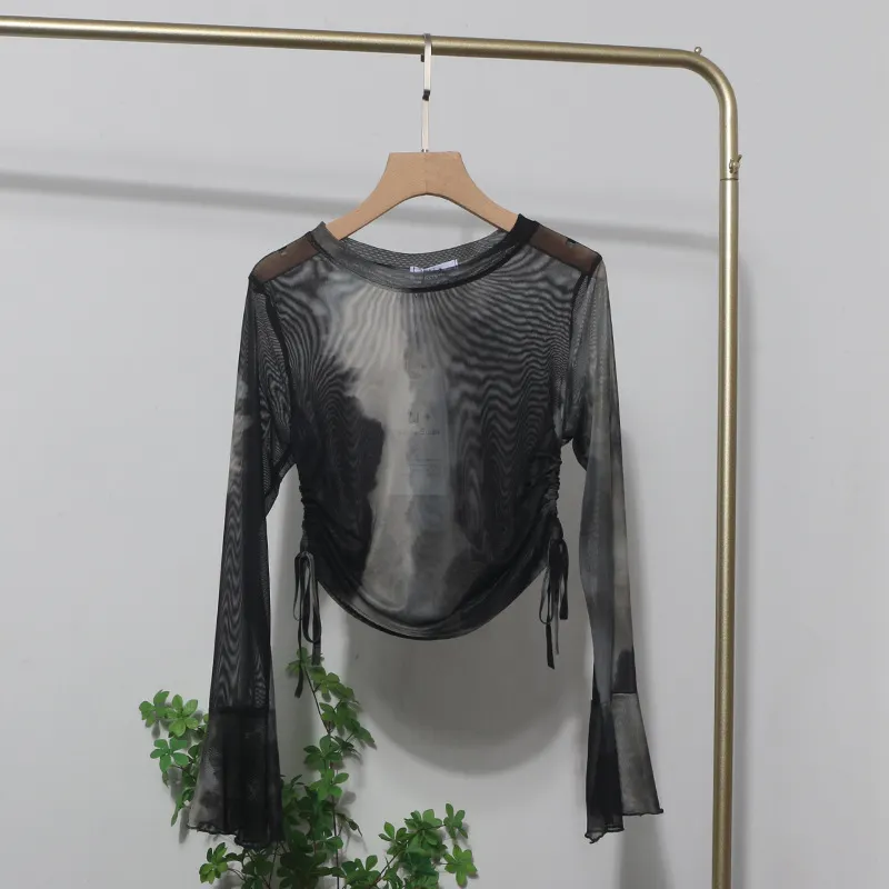 Churchf Sunscreen Not Sultry Hot Tie Dye Net Yarn Long-Sleeved T-Shirt Drawstring Tethered With Short-Sized T-Shirt Horn Sleeve Top 8929