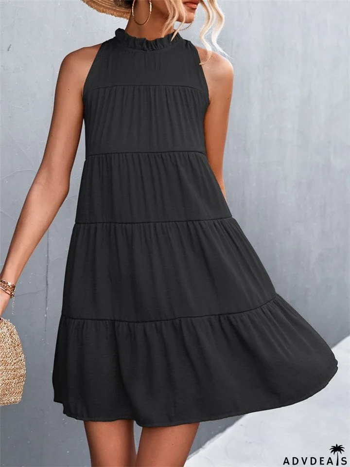 Sleeveless Solid Color Halter Neck Dresses
