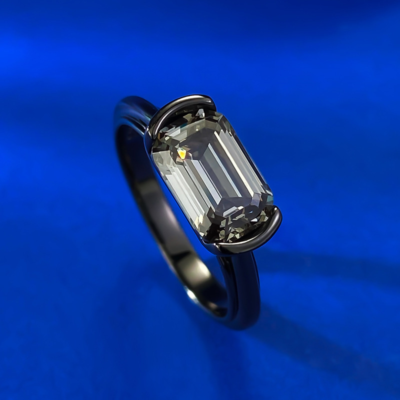 MIKAMU Jewelry S925 Silver 6*9mm Asscher Cut Black Gray Zircon Ring
