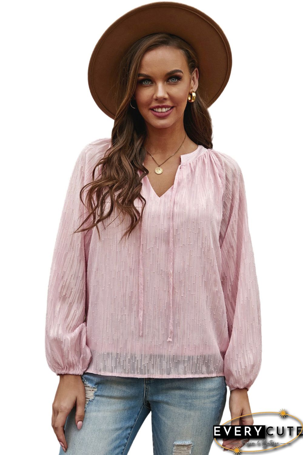 Pink V Neck Lantern Sleeve Textured Solid Top
