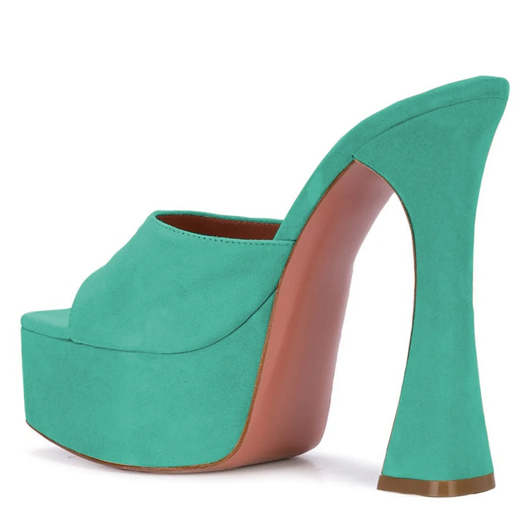 Turquoise Wide Strap Square Toe High Heel Platform Sandals for Women