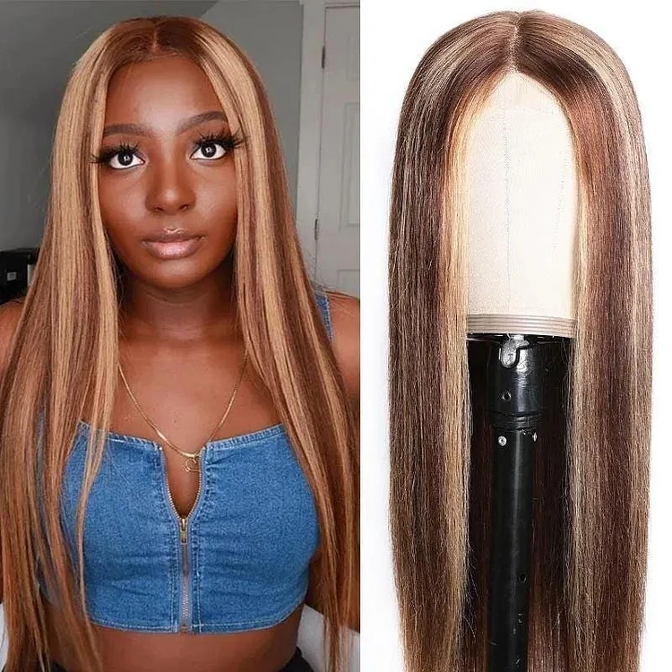 Flash Sale for Blonde Highlight Piano Color 4 By 4 Lace Closure Wig Hand Tied Lace Part Long Straight Hair Wigs 150% Density