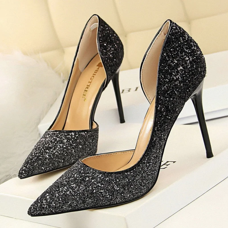 BIGTREE Shoes Sequins Woman Pumps Sexy Party Shoes High Heels Women Wedding Shoes Gold Silver Women Heels 9.5 Cm Ladies Shoes