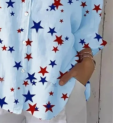 Women 3/4 Sleeve Shirt Collar Star Printed Graphic Button Tops