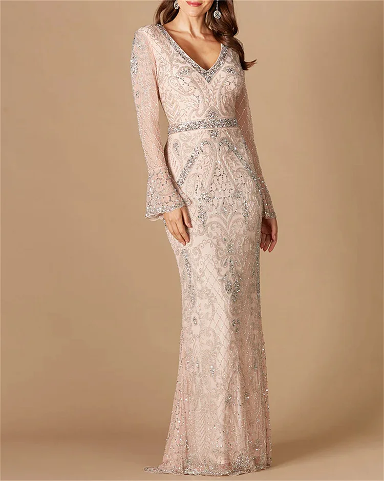 Women's V Neck Long Sleeve Sequined Evening Dress