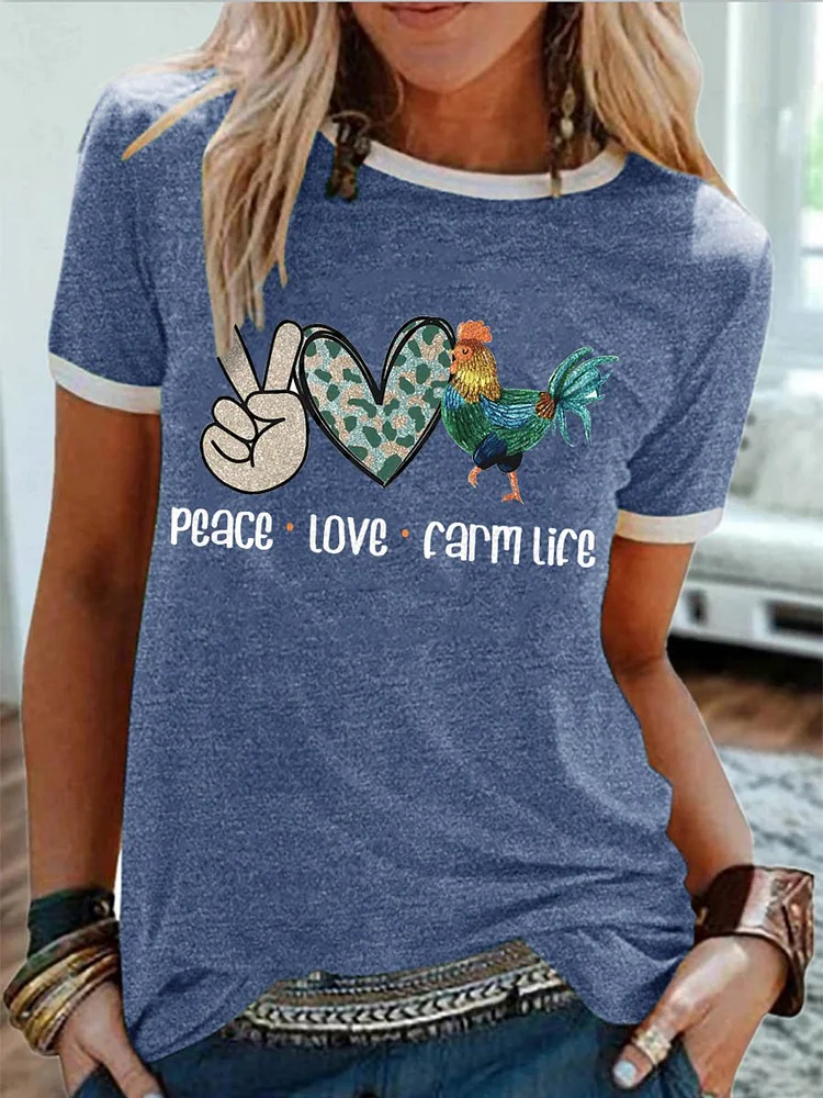 Bestdealfriday Peace Love Farmlife Combo Chicken Graphic Short Sleeve Round Neck Loose Tee