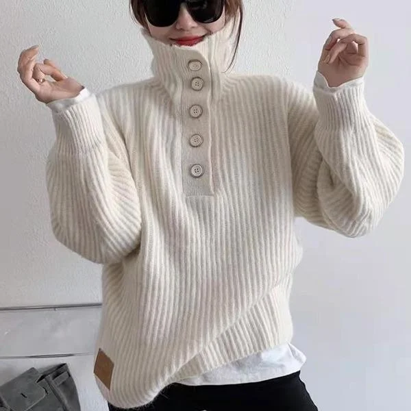 Simple Pink Turtleneck with Buttoned Long Sleeve Knit Pullover