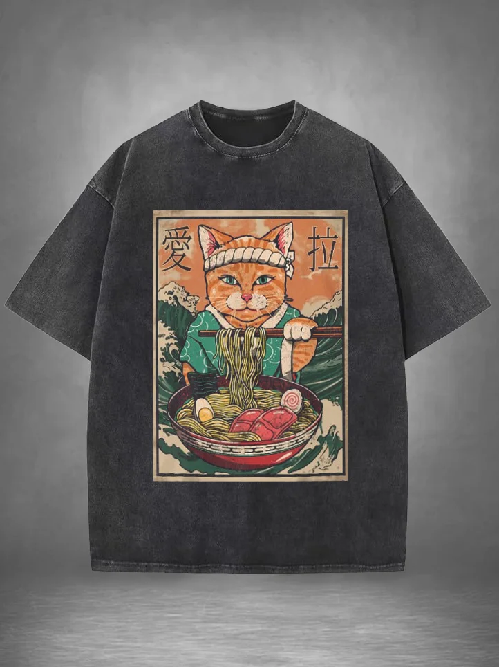 Men's Japanese Samurai Cat Eating Ramen Print Cotton Washed T-Shirt