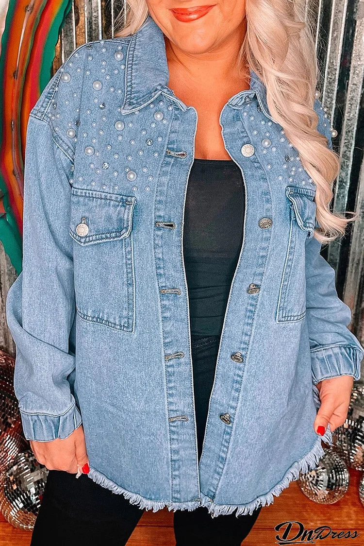 Rhinestone Pearls Denim Shacket