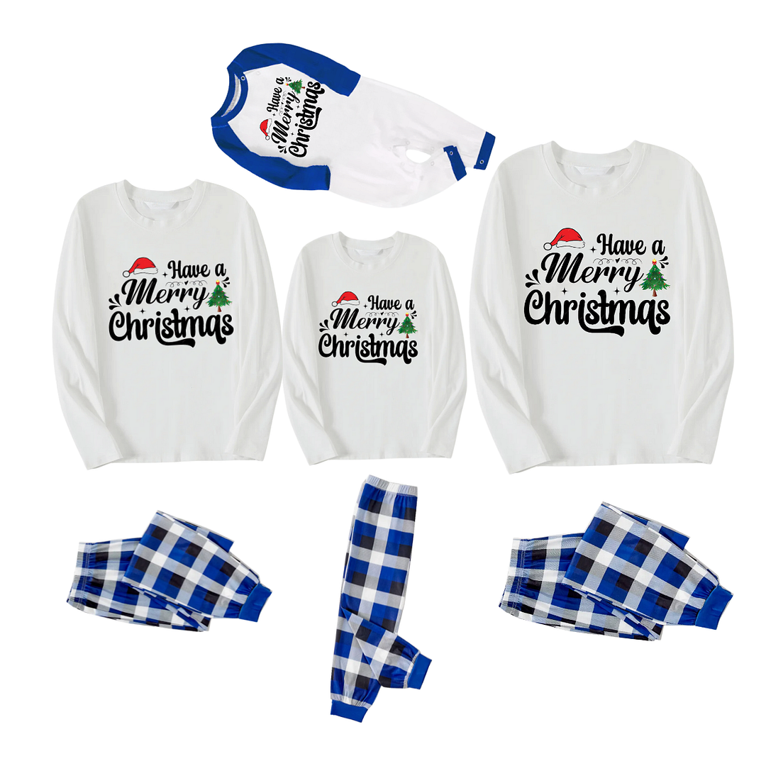 "Have a Merry Christmas"  Printed Pattern White Long Sleeve Top With Blue & Black & White Plaid Family Matching Pajamas
