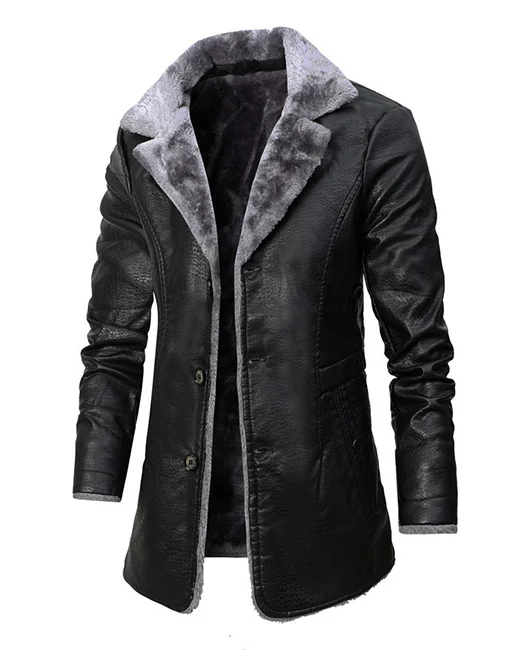 Fuzzy Notch Lapel Single Breasted Pocket PU Leather Fleece-lined Overcoat 