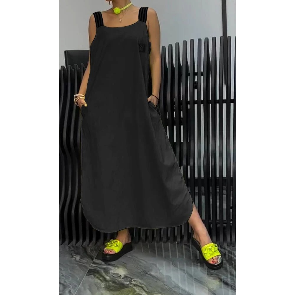 Mature Women Casual Summer Cotton And Linen Pocket Striped Shoulder Strap Skirt Dress