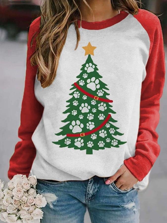 womens-dog-paw-christmas-tree-print-sweatshirt