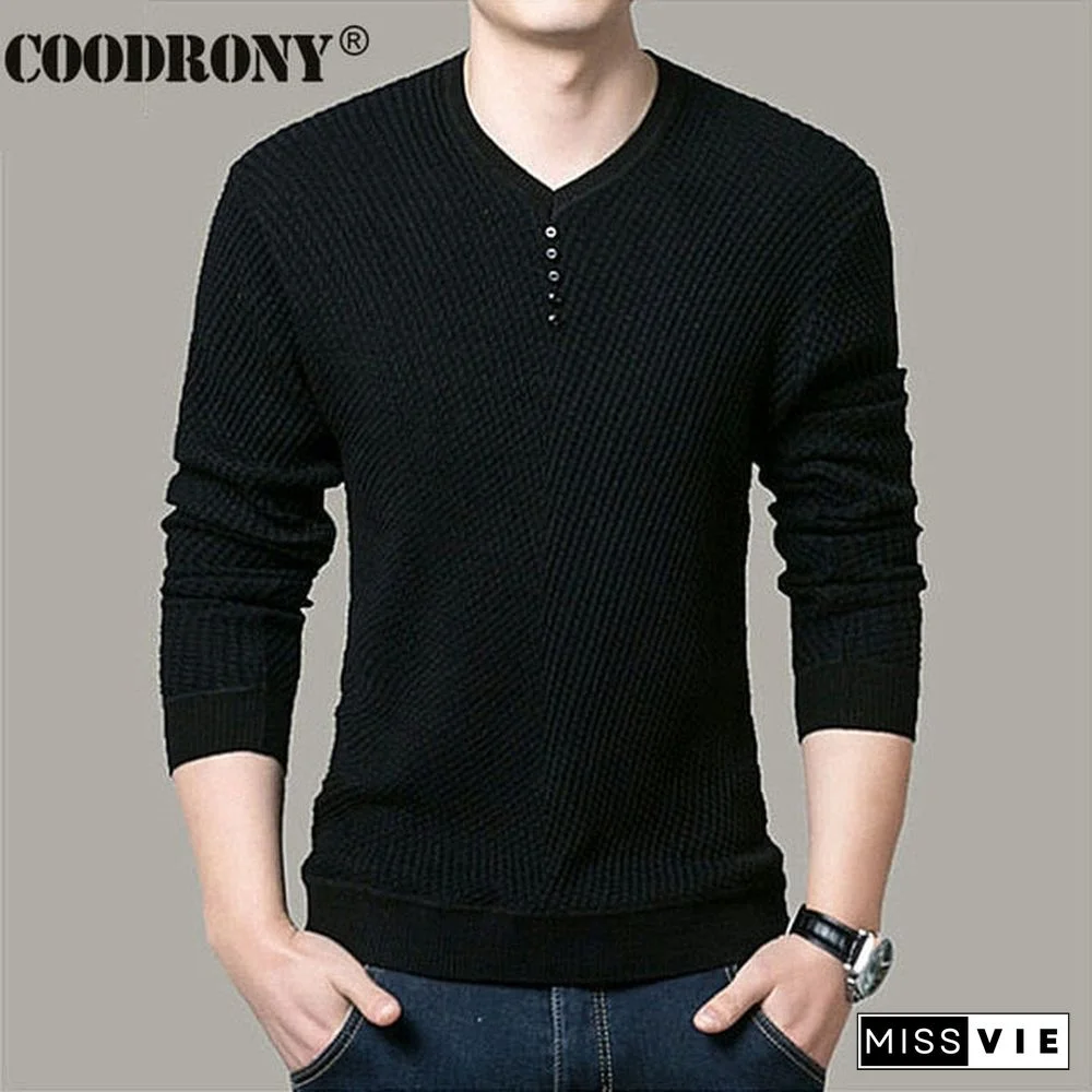 Coodrony Brand Sweater Men Casual Button V-Neck Pullover Shirt Spring Autumn Slim Fit Long Sleeve Knitted Soft Cotton Pull Homme