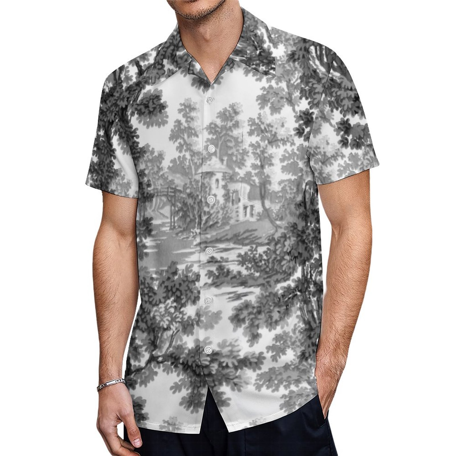 Vintage Cottage Landscape Toile Black White Hawaiian Shirt Mens Button Down Tropical Hawaii Beach Shirts
