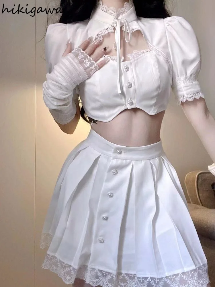 Brownm Clothes Sexy Sweet Crop Tops Summer Blouses Women Stand Neck Puff Sleeve Lace Hollow Out White Shirts 2022 Blusas De Mujer