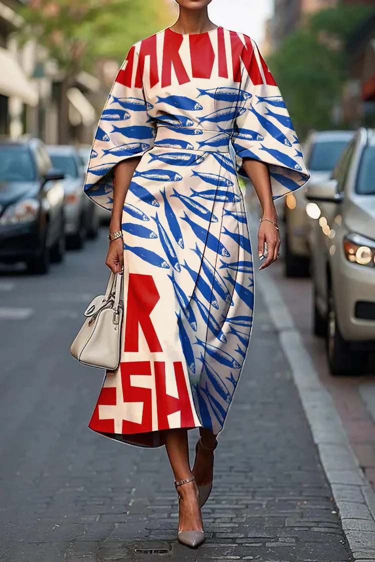 Women's Vintage Sardines Art Print Midi Dress