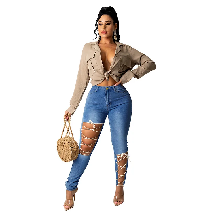 Skinny Denim Jeggings Ripped Strap Pants
