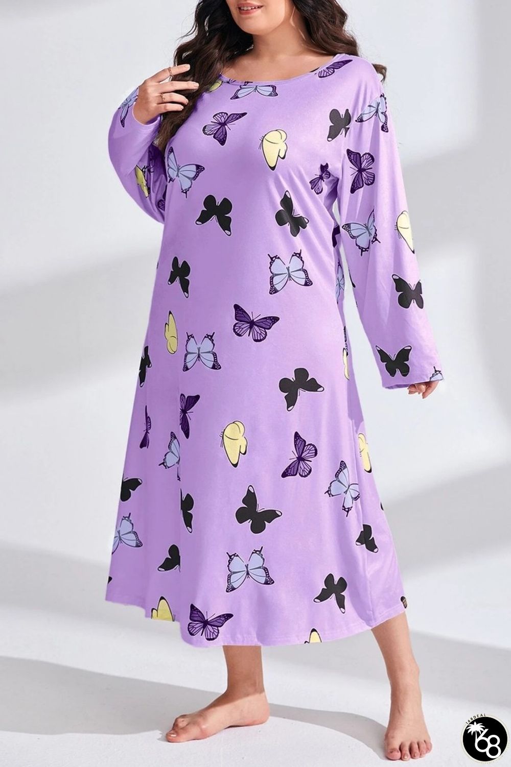 Light Purple Casual Living Butterfly Print Basic O Neck Long Sleeve Plus Size Nightdress | 168DEAL