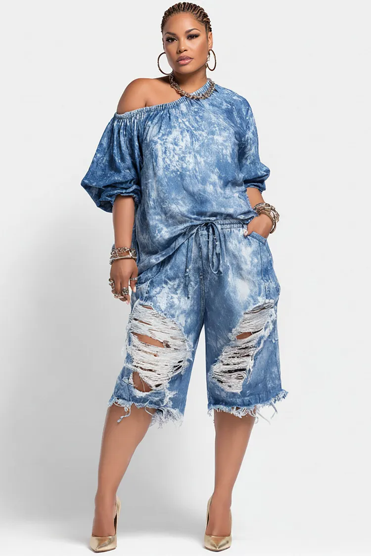 Xpluswear Design Plus Size Party Light Blue Oblique Collar Puff Sleeve Short Sleeve Distressed Pocket Denim Two Piece Short Sets [Pre-Order] 2024 - Xpluswear
