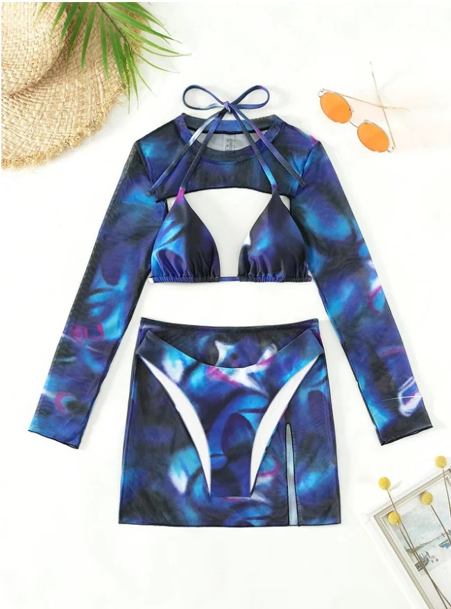 Uveng 2025 New Bikin Bikin Tie Dye Four-Piece Split Swimsuit Woman