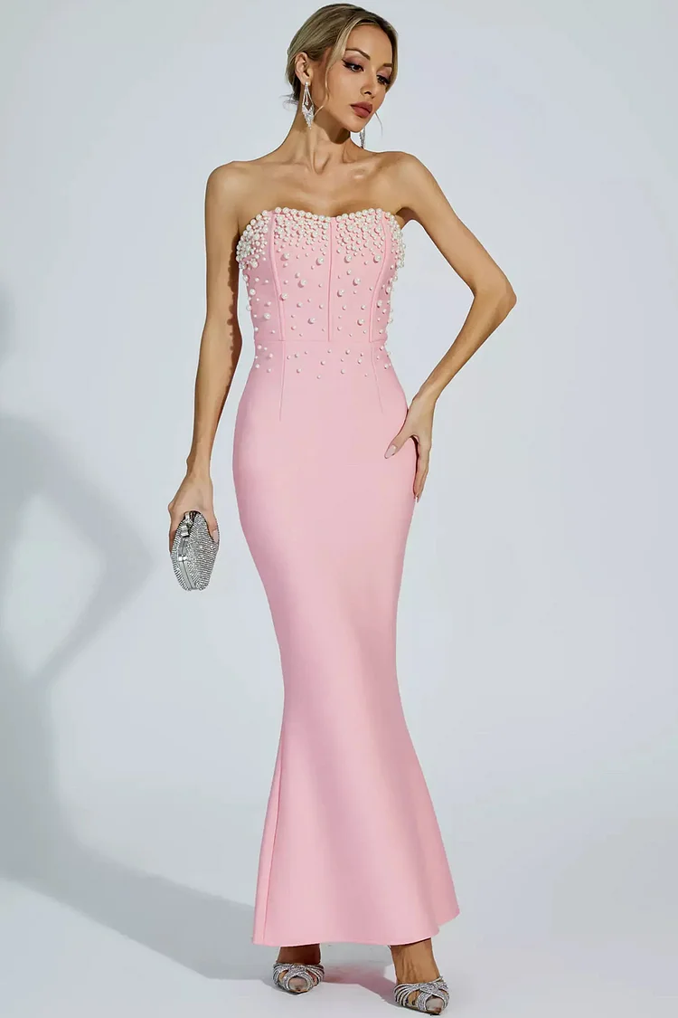 Strapless Pearl Embellished Merimaid Maxi Dress-Pink
