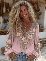 Vintage Pink Roses Flower Embroidered Linen Blend T-shirt - Image 3