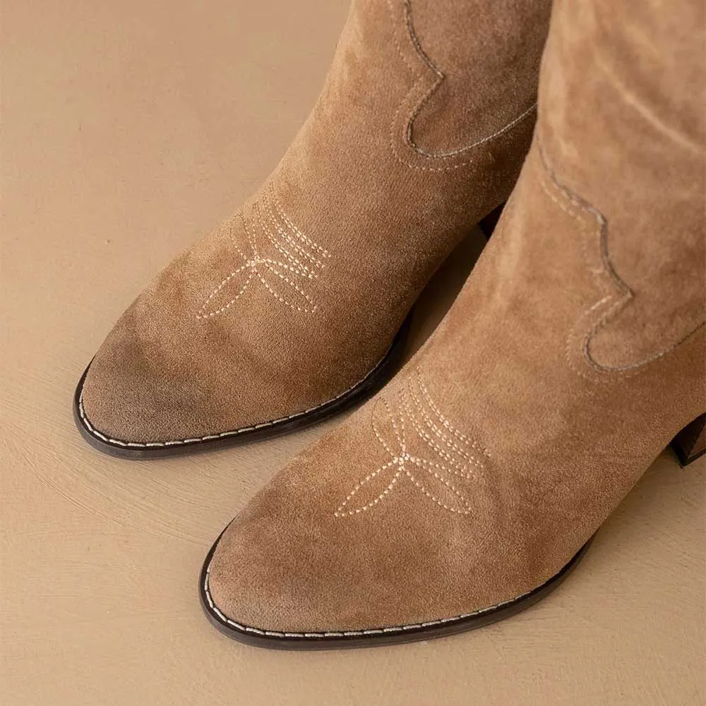Brown Vegan Suede Round Toe Chunky Heel Cowgirl Boots with Embroidered
